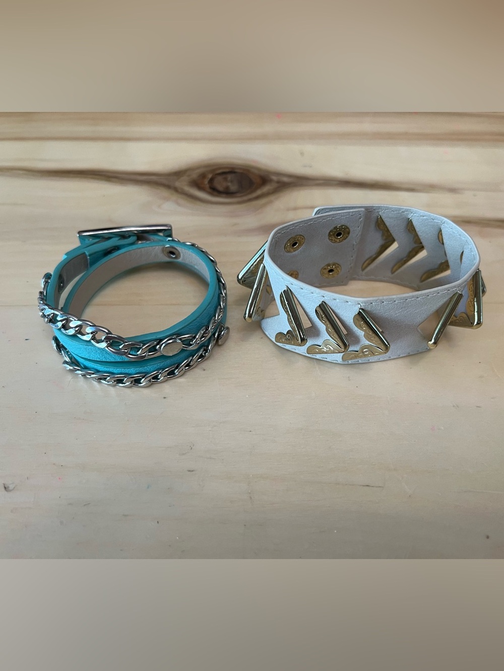 White Leather Snap Cuff Bracelet with Gold Stud Accents & Blue wrap bracelet lot